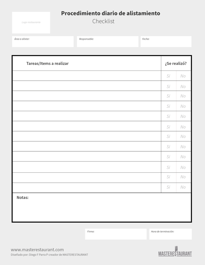 Checklist de alistamiento diario para restaurantes y negocios gastronómicos de MASTERESTAURANT. 