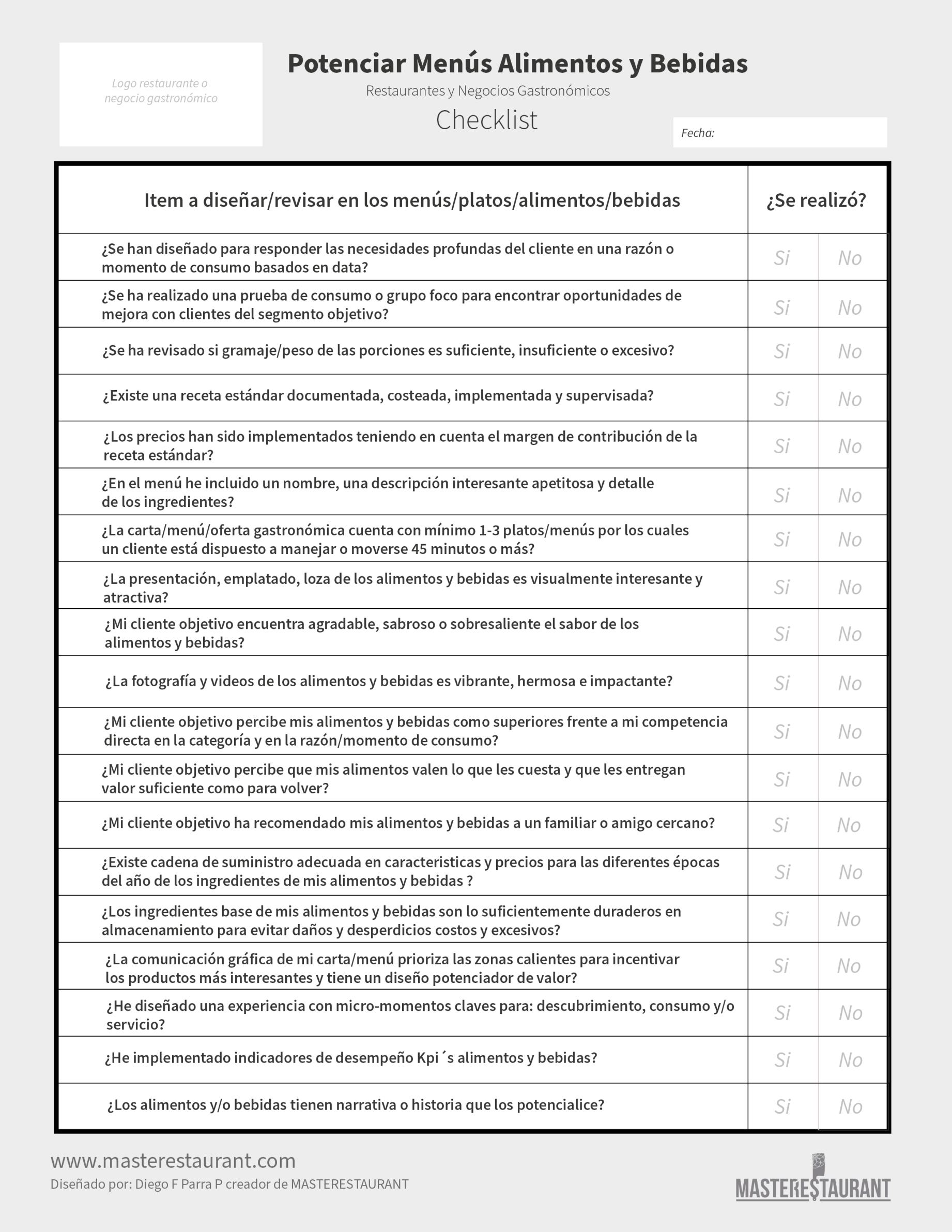 CHECKLIST PARA MENÚS, ALIMENTOS Y BEBIDAS PARA RESTAURANTES Y NEGOCIOS GASTRONÓMICOS MASTERESTAURANT(master restaurant)