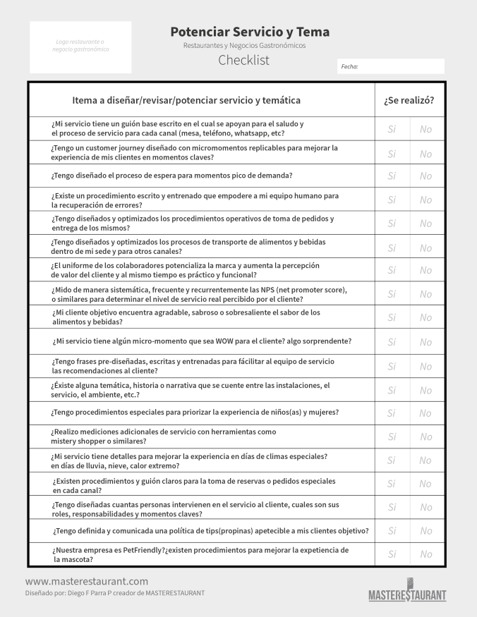 Checklist para potenciar servicio y temática de restaurantes y negocios gastronómicos de MASTERESTAURANT. 