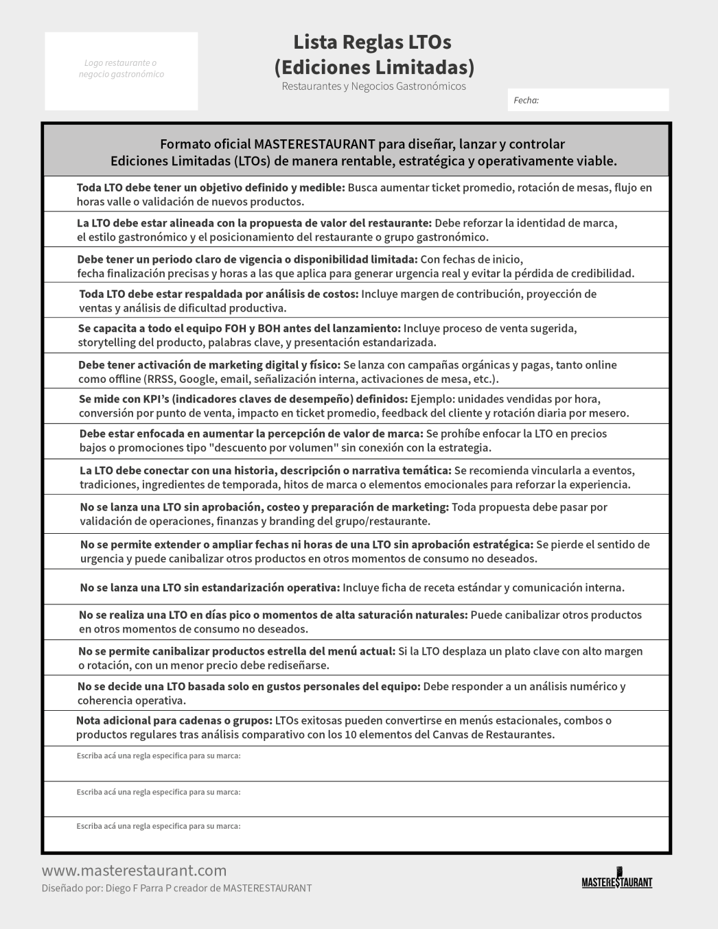 Toolkit MASTERESTAURANT- Lista Reglas creación LTOs (Ediciones limitadas) para Restaurantes