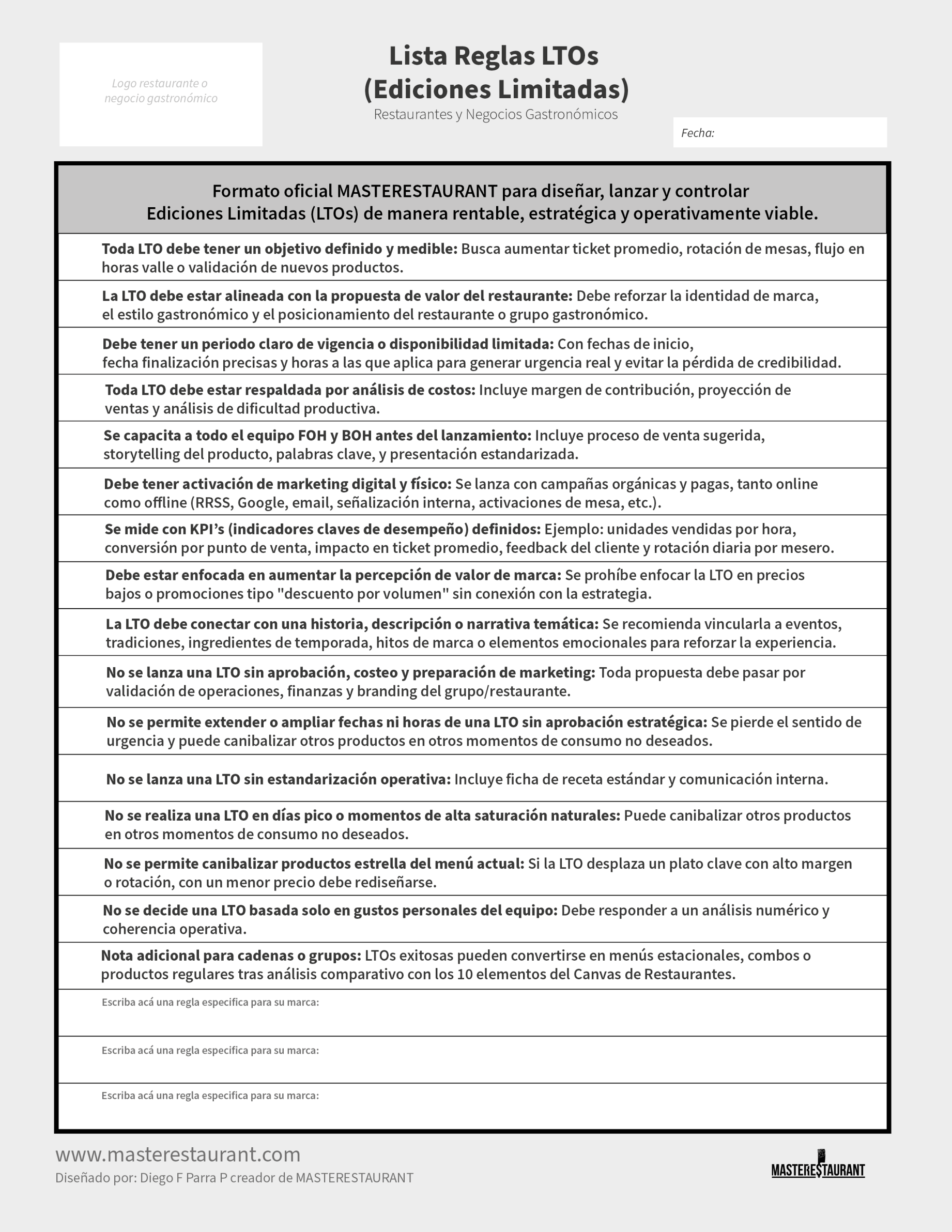 Toolkit MASTERESTAURANT-Lista Reglas creación LTOs (Ediciones limitadas) para Restaurantes
