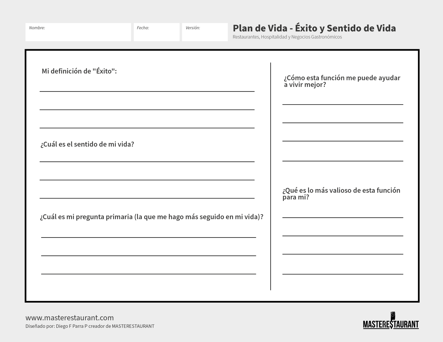 Toolkit MASTERESTAURANT-Herramienta Plan de vida Para Humanos de Restaurantes