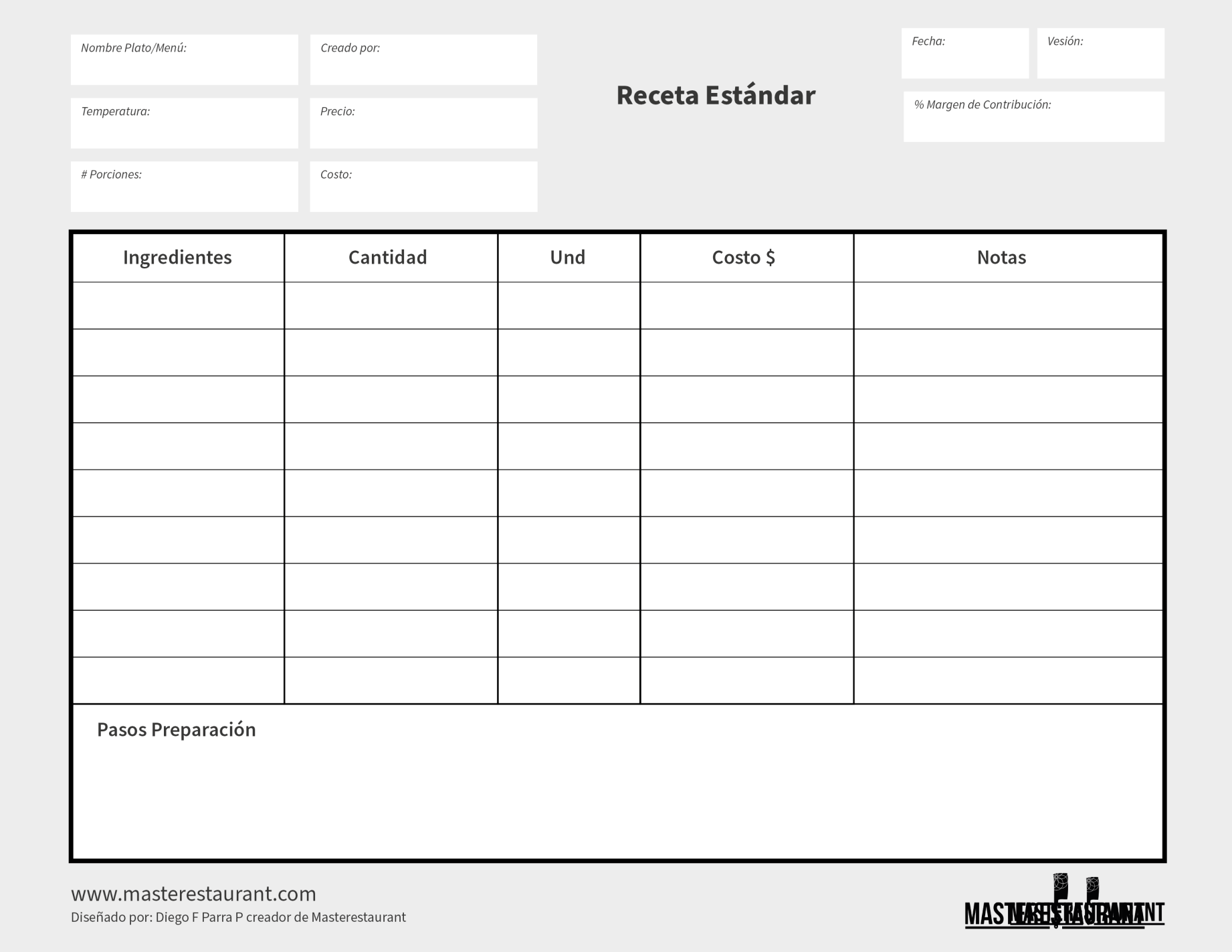 Receta estándar para restaurantes y negocios gastronómicos de Masterestaurant