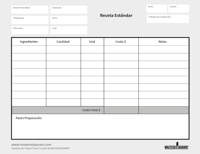 Formato de receta estándar para restaurantes y negocios gastronómicos de MASTERESTAURANT. 