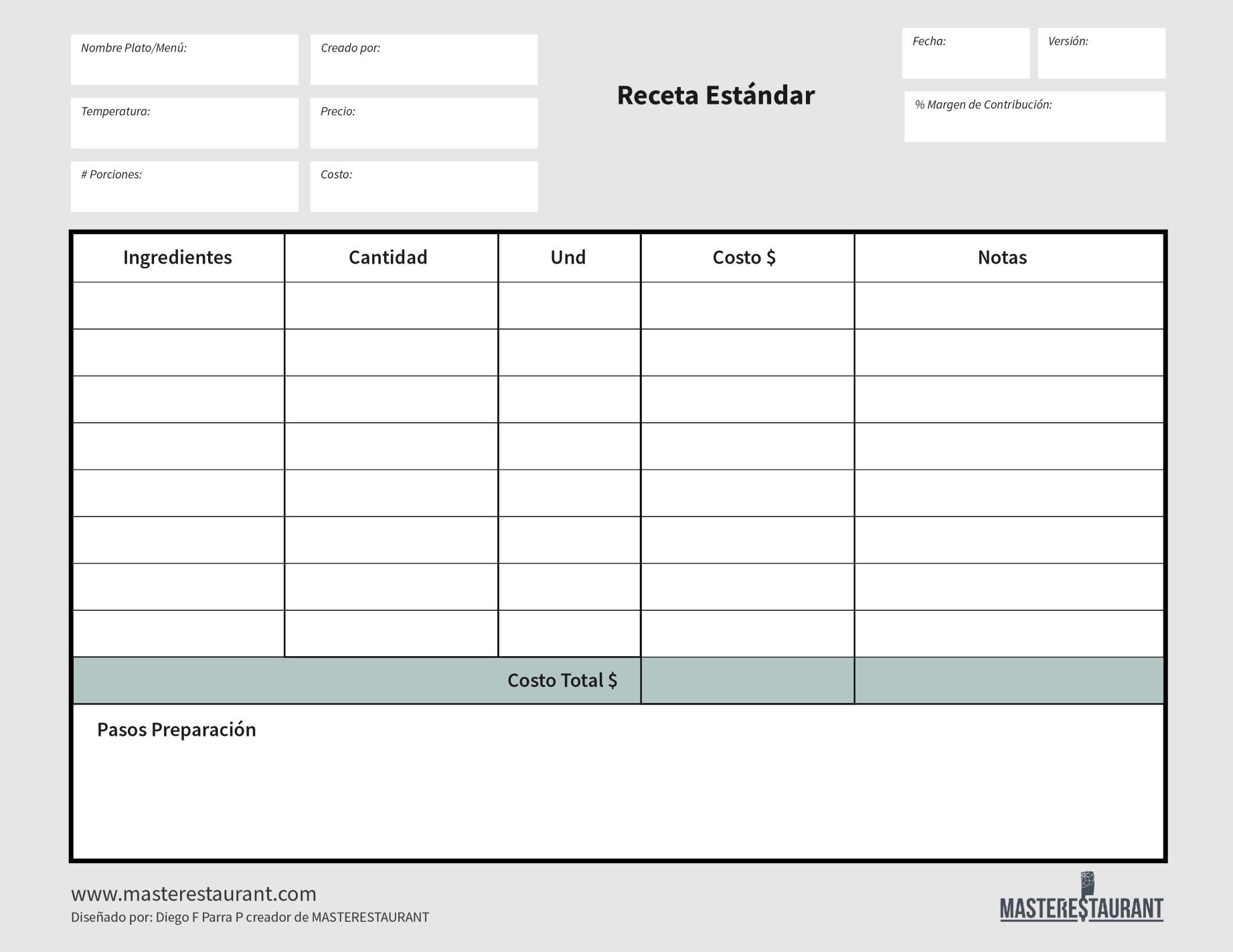 Receta estandar para restaurantes y negocios gastronómicos de Masterestaurant