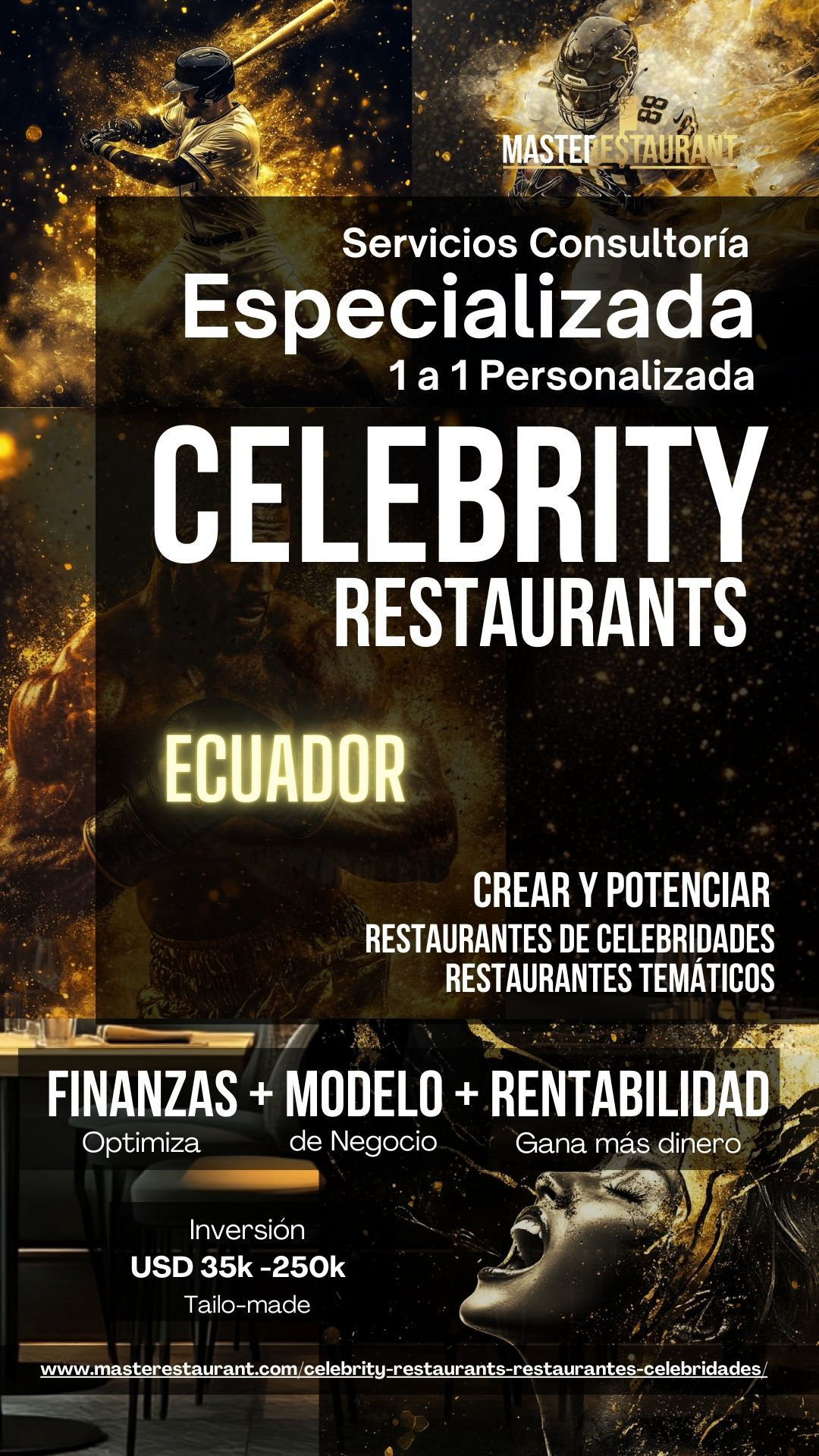 Servicios, entrenamiento, consultoría, bootcamps, eventos y acompañamientos privados para celebrity restaurants, restaurantes de famosos, restaurantes de celebridades, restaurantes temáticos, foodtech’s y negocios gastronómicos. ECUADOR