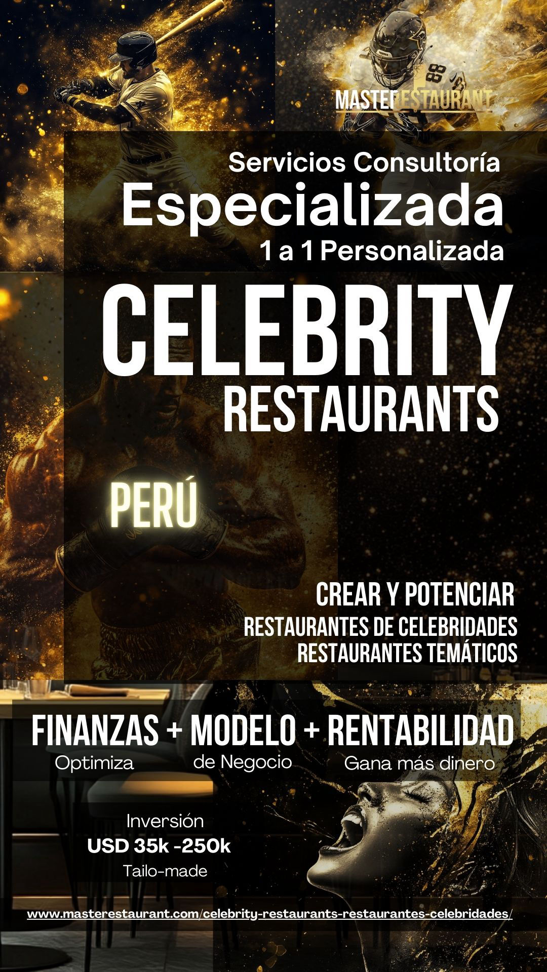 Servicios, entrenamiento, consultoría, bootcamps, eventos y acompañamientos privados para celebrity restaurants, restaurantes de famosos, restaurantes de celebridades, restaurantes temáticos, foodtech’s y negocios gastronómicos.PERÚ