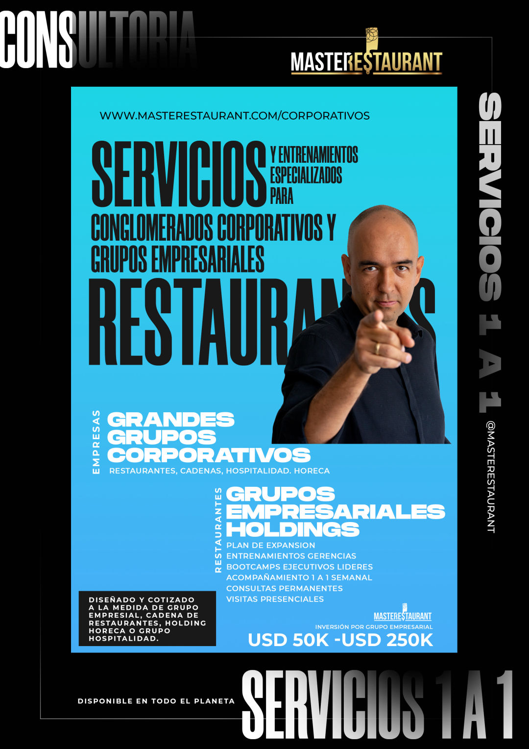 Servicios, entrenamiento, consultoría, bootcamps ejecutivos, eventos y acompañamientos privados para grupos empresariales, conglomeraros corporativos, cadenas, holdings de restaurantes, dark kitchens, foodtech’s y negocios gastronómicos.