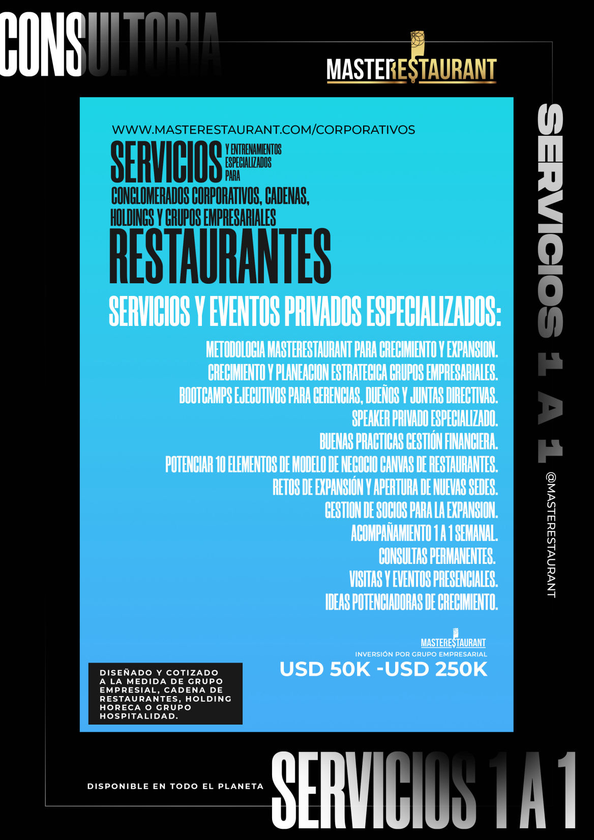 Servicios, entrenamiento, consultoría, bootcamps, eventos y acompañamientos privados para grupos empresariales, conglomeraros corporativos, cadenas, holdings de restaurantes, dark kitchens, foodtech’s y negocios gastronómicos.